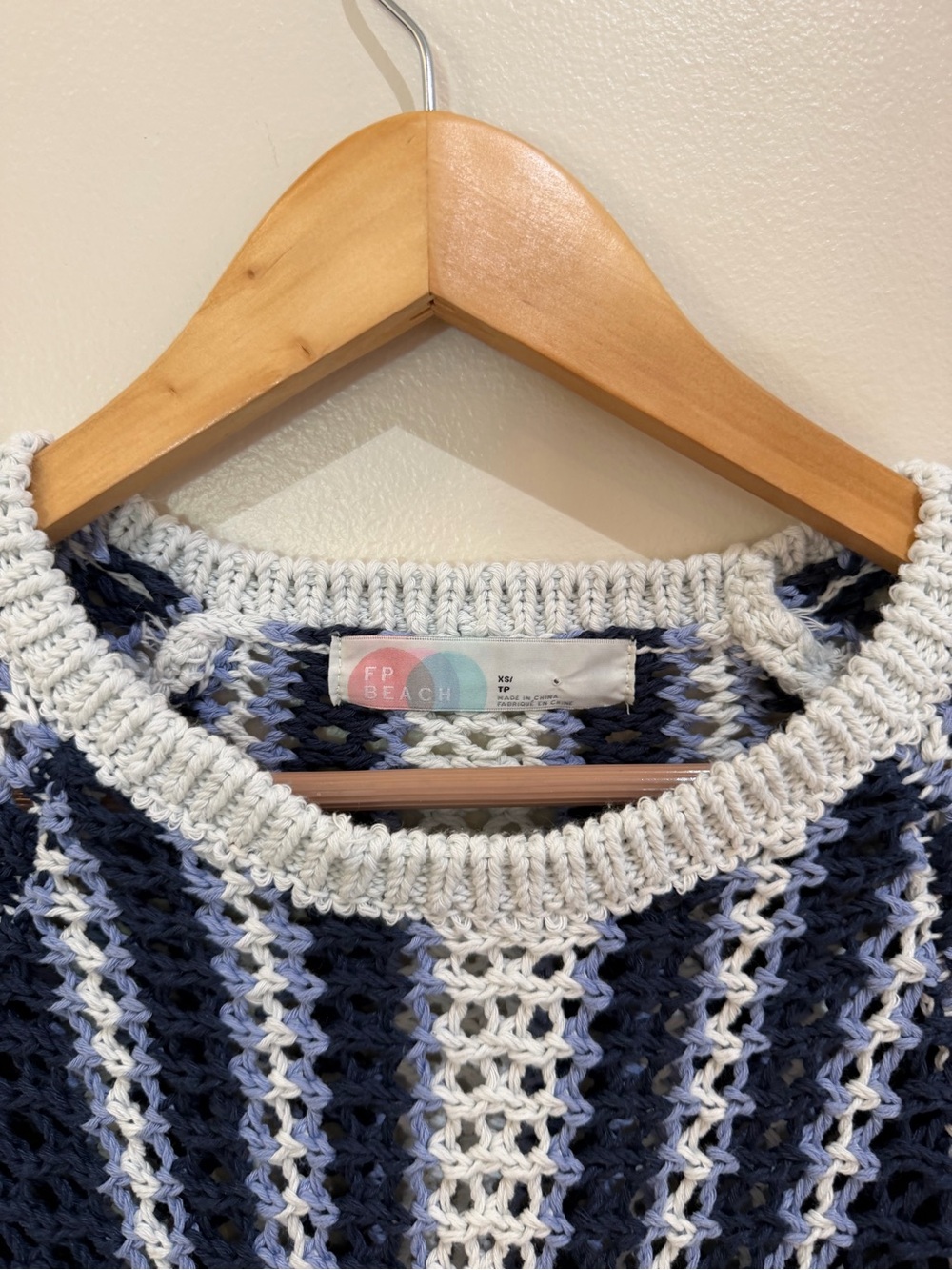 Free People Beach Dayton pullover sweater blue white striped crotchet size XS - Picture 5 of 11